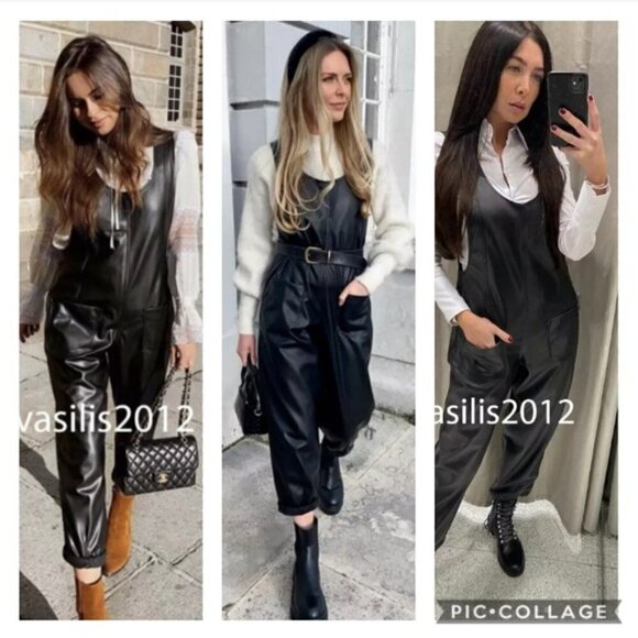 NEW ZARA S Jackie Faux Leather Jumpsuit Bloggers Favorite Crop Black Reversible - Picture 3 of 15